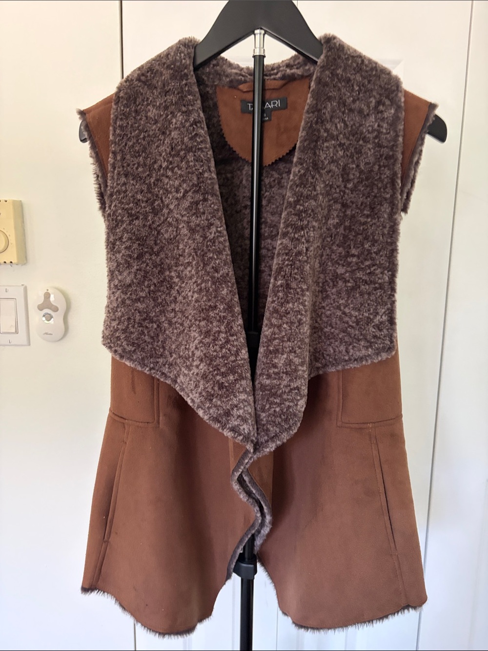 Tahari Brown Suede-Look Vest with Plush Heathered Collar